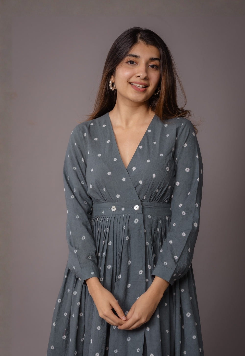 Kimaya Grey Bandhani Cotton A Line Dress