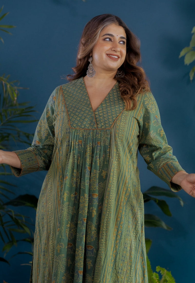 Vrinda Green Ajrakh Cotton Kali Kurta