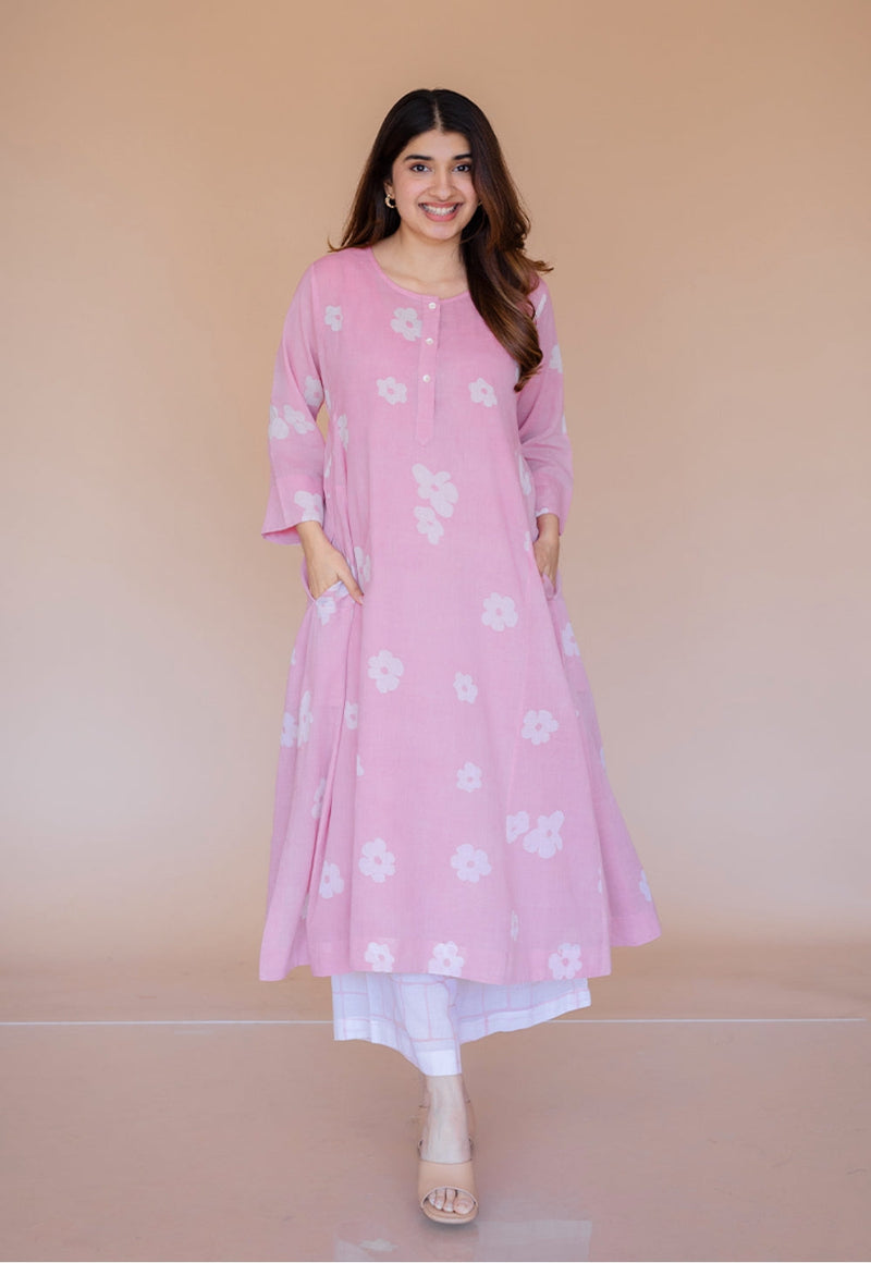 Alizah Pink Batik MulMul Jhabbha Kali Kurta with Slip
