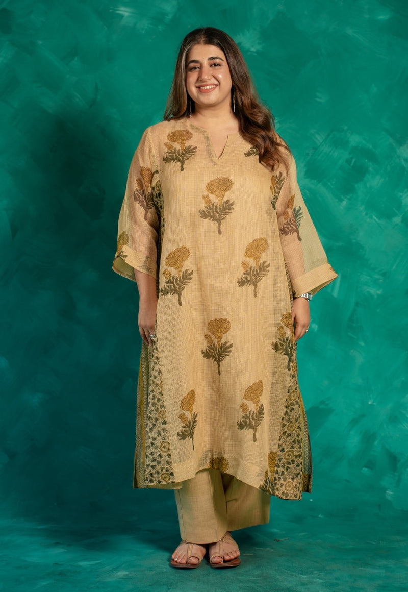Nyra Beige Bagru Kota Doria Cotton Jhabbha Kali Kurta with Slip