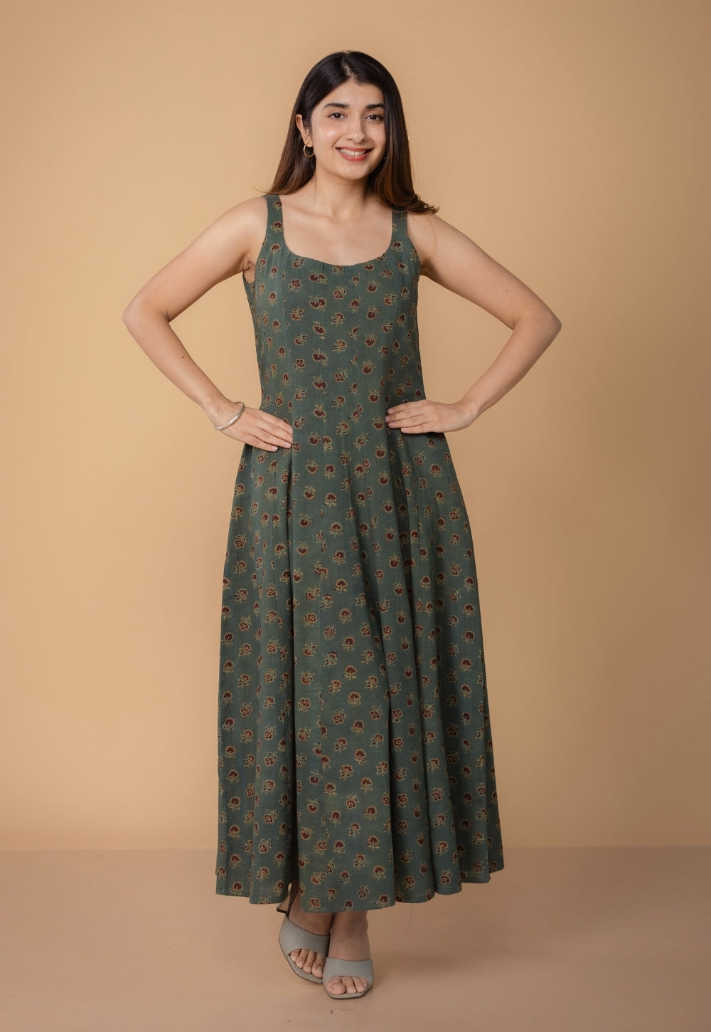 Jisha Green Dabu Slub Cotton A Line Dress