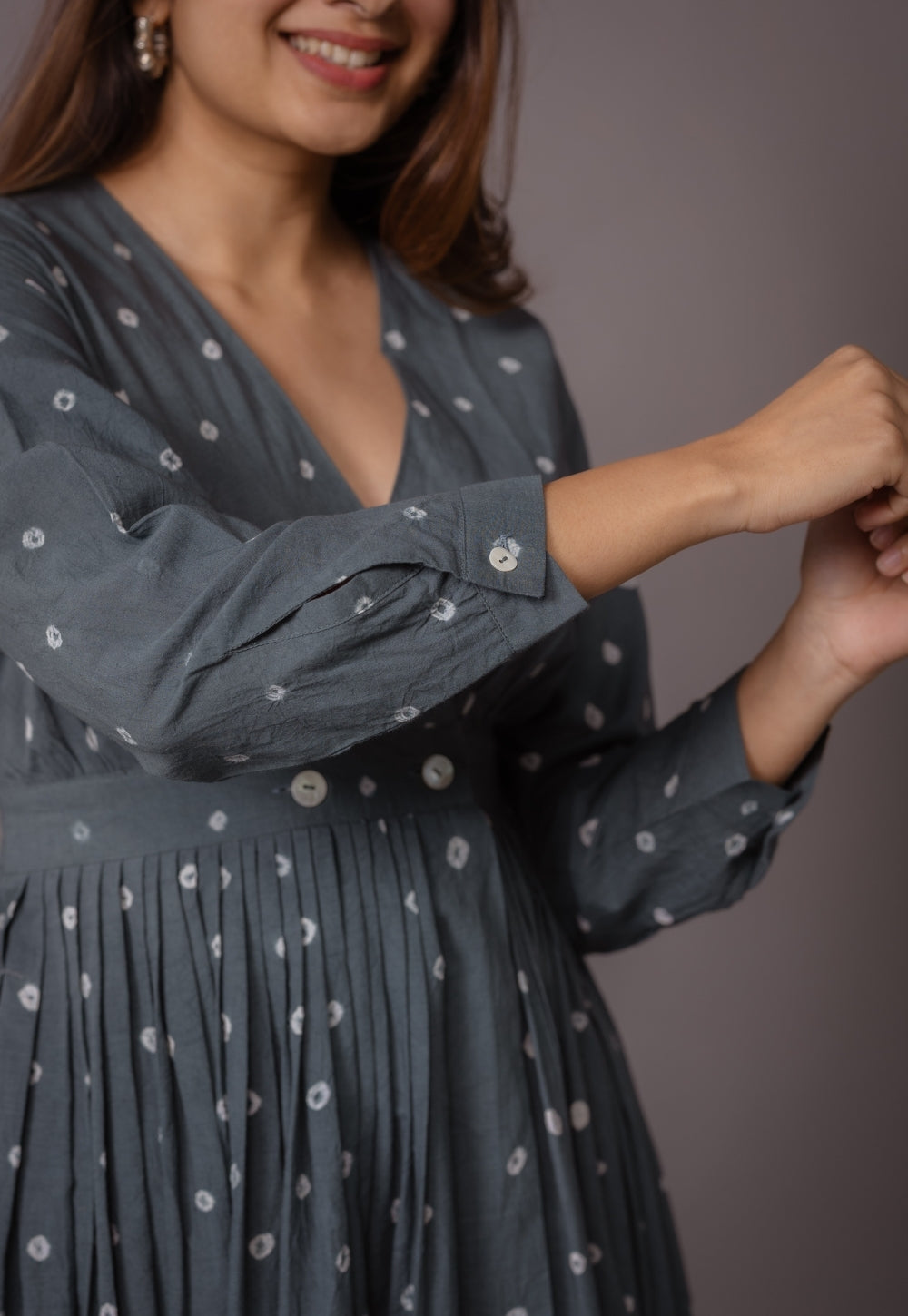 Kimaya Grey Bandhani Cotton A Line Dress