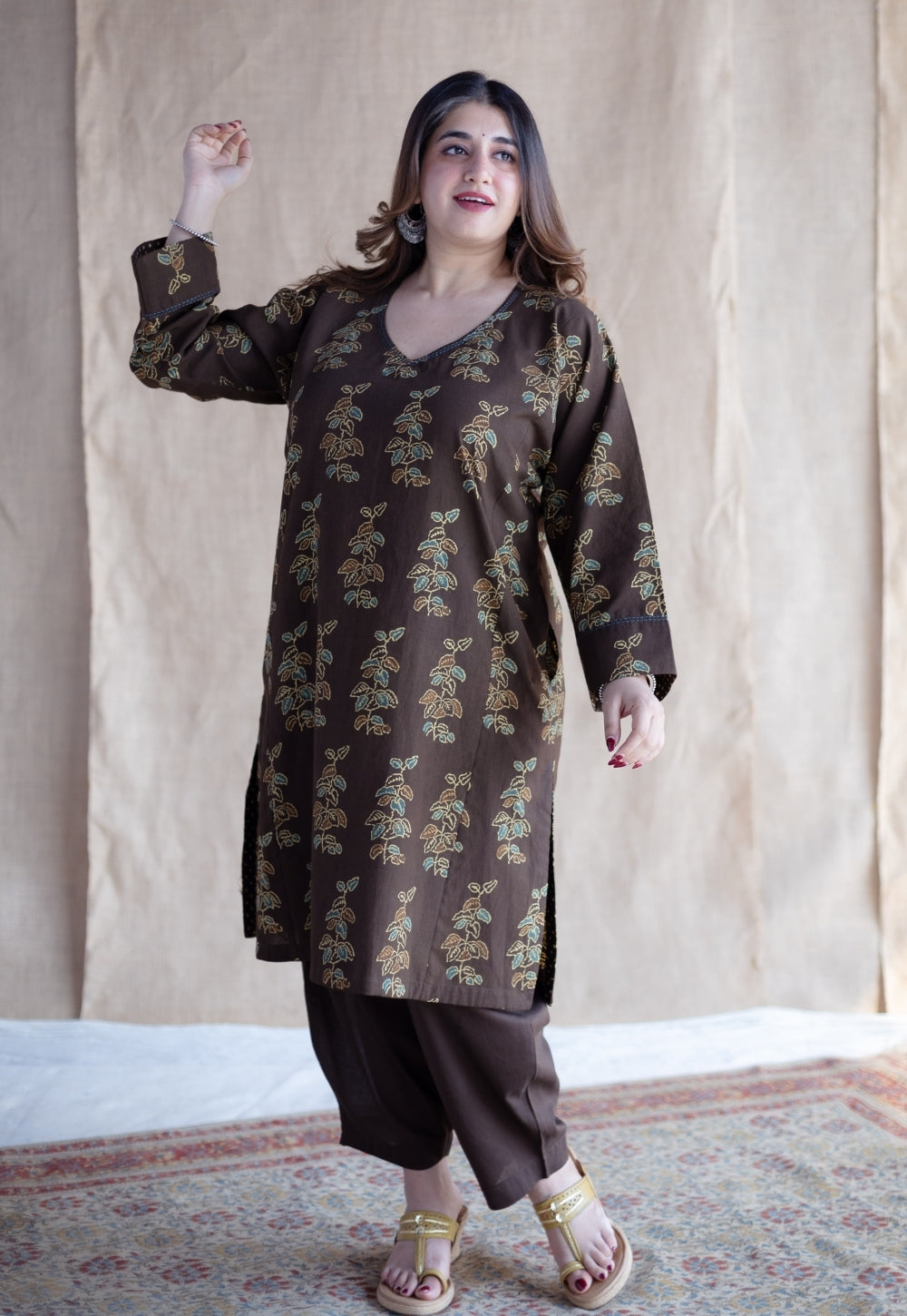 Saisha Brown Ajrakh Cotton Jhabbha Kali Kurta with Hand Embroidery