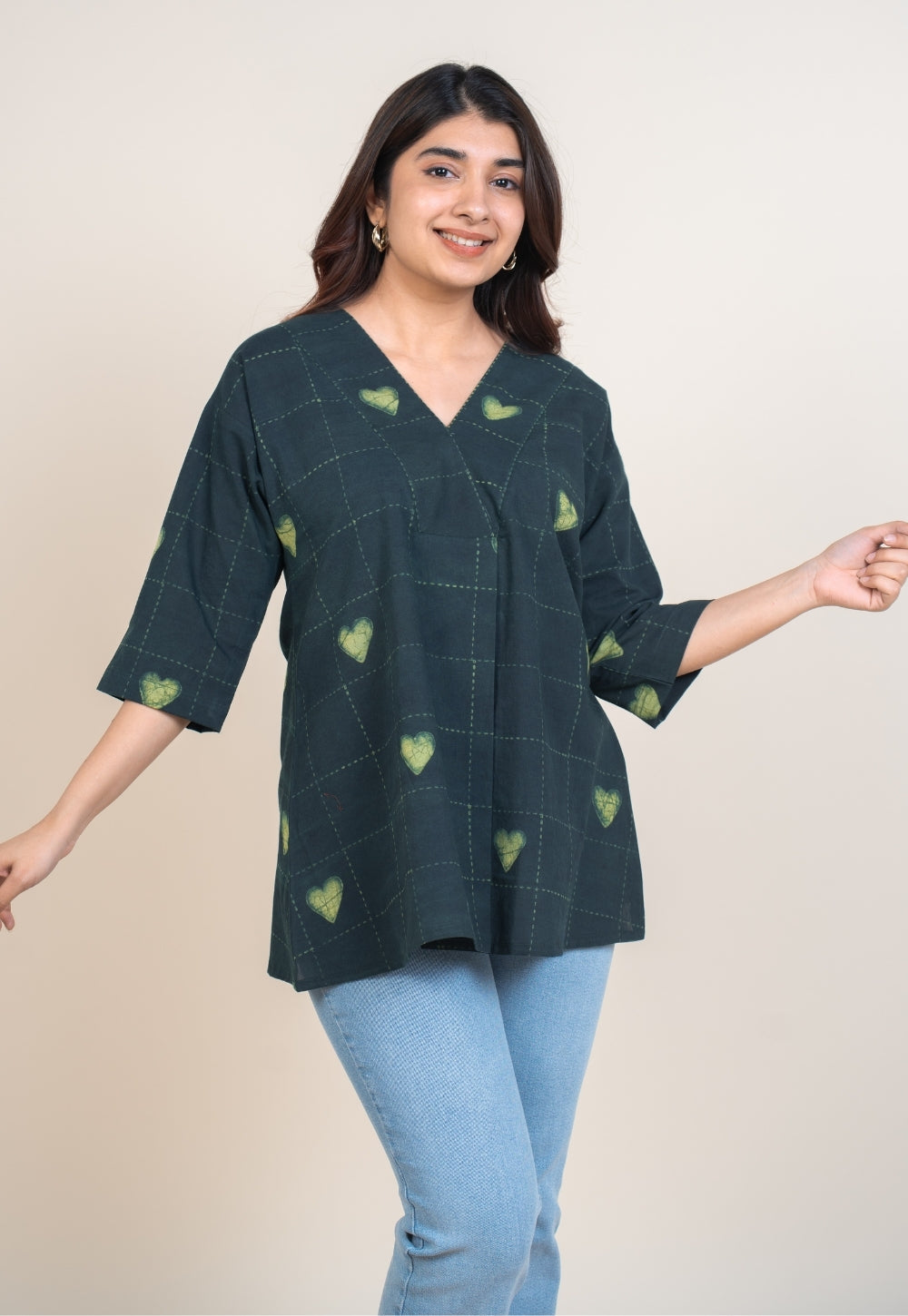 Kira Green Dabu Cotton A Line Short Top