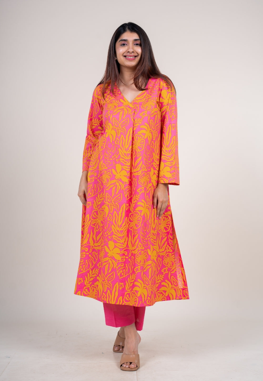 Raila Sunset Pink Printed Cotton Straight Kurta