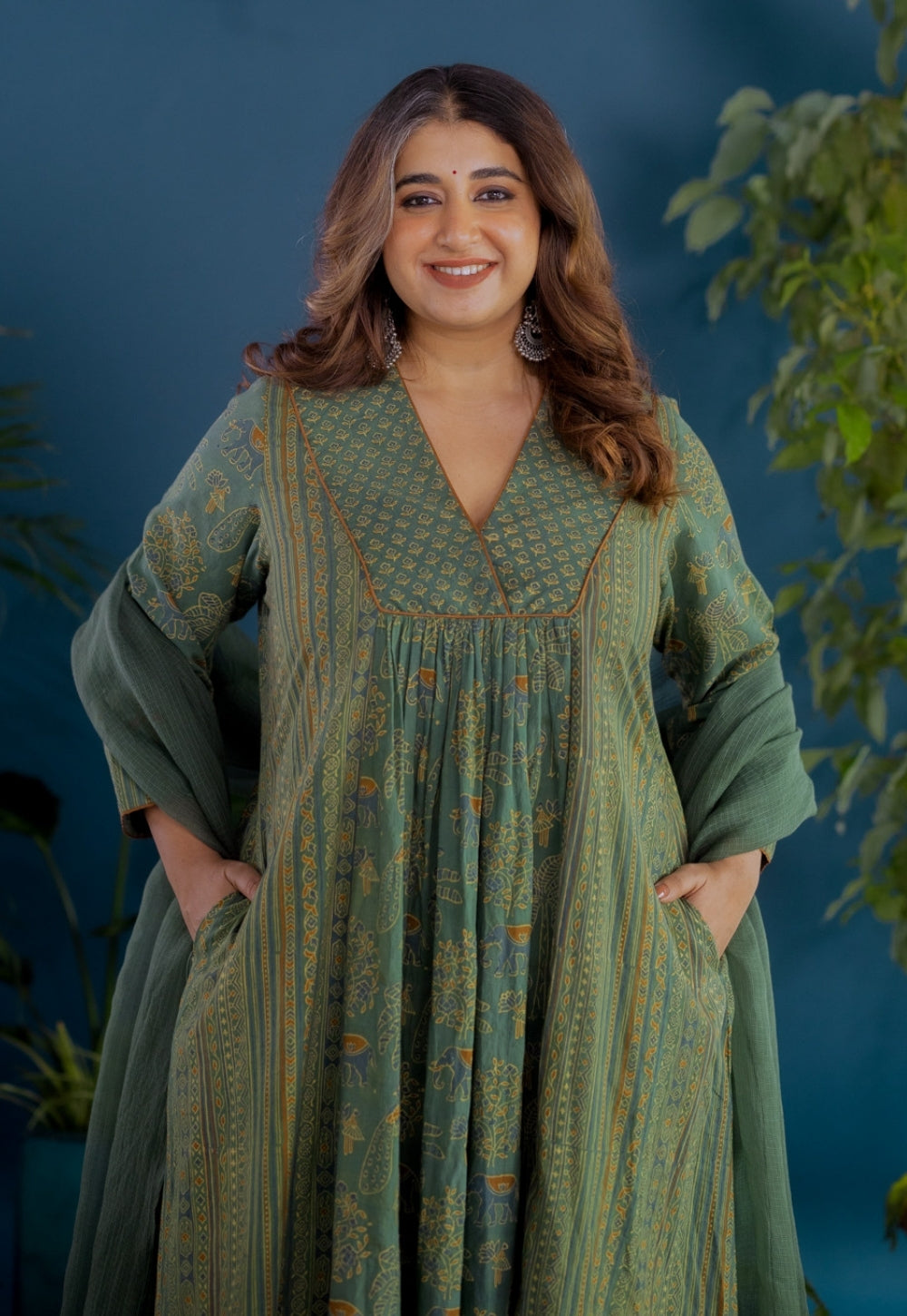 Vrinda Green Ajrakh Cotton Kali Kurta
