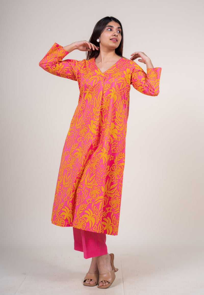 Raila Sunset Pink Printed Cotton Straight Kurta