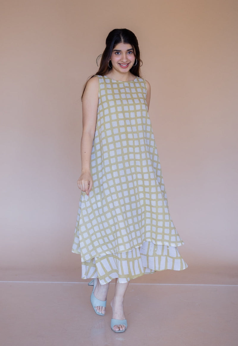 Asfia Green Batik MulMul A Line Dress with Slip
