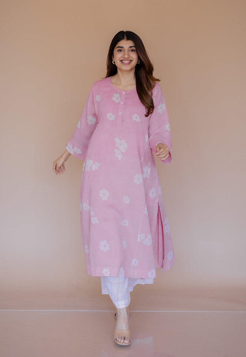 Alizah Pink Batik MulMul Jhabbha Kali Kurta with Slip