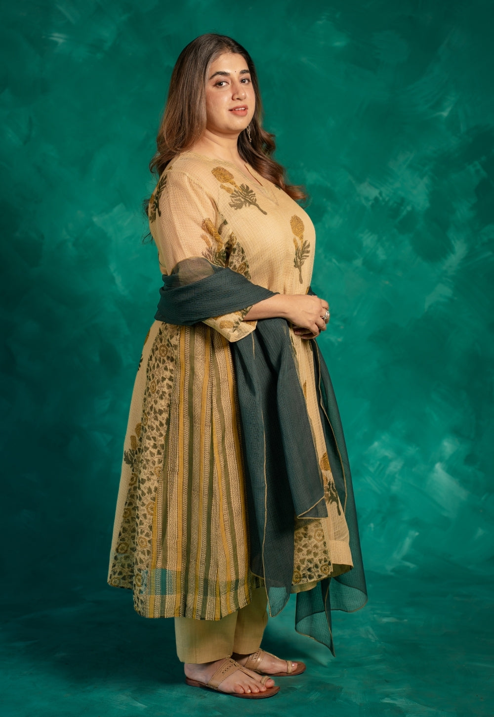 Nyra Beige Bagru Kota Doria Cotton Jhabbha Kali Kurta with Slip