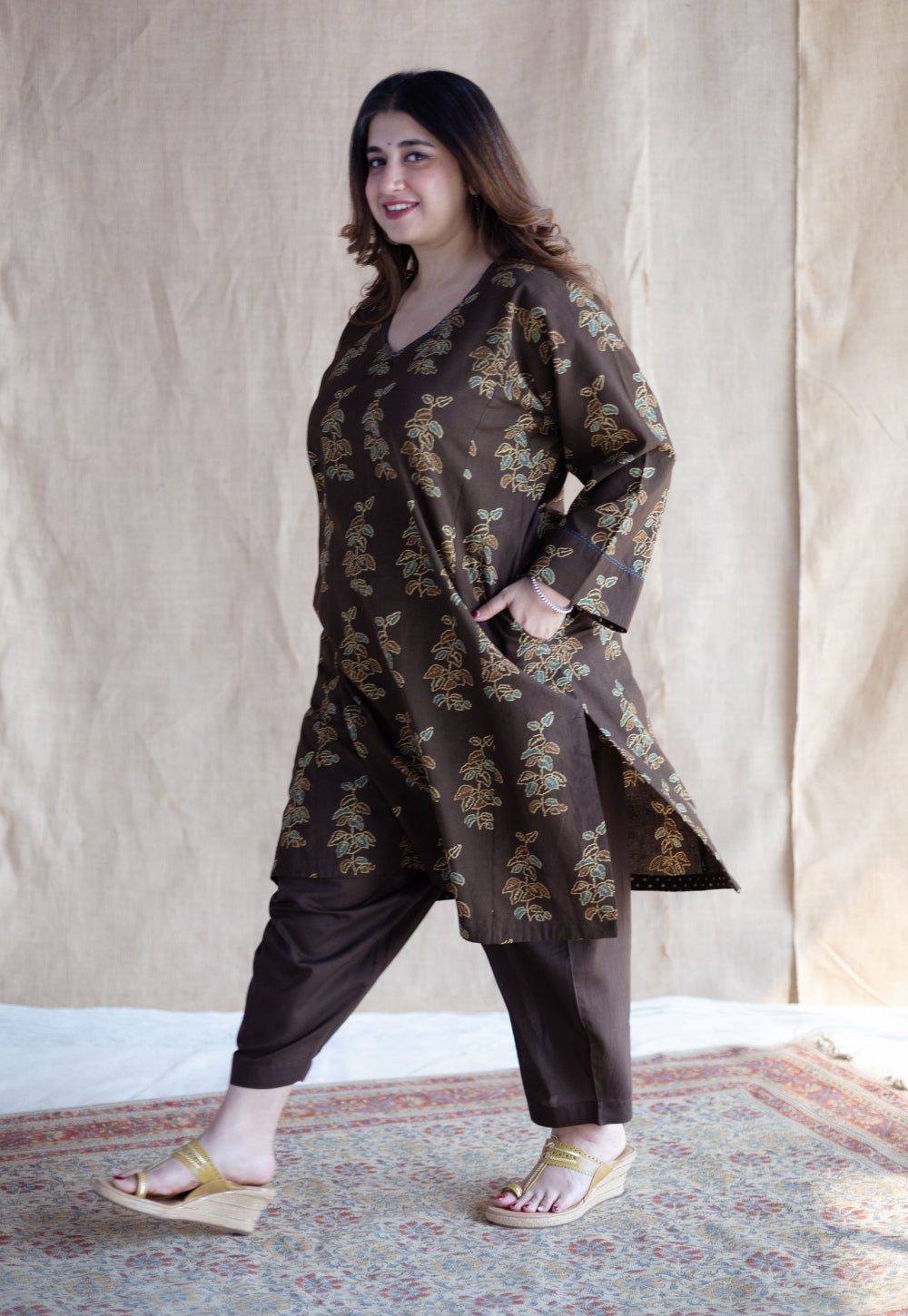 Saisha Brown Ajrakh Cotton Jhabbha Kali Kurta with Hand Embroidery