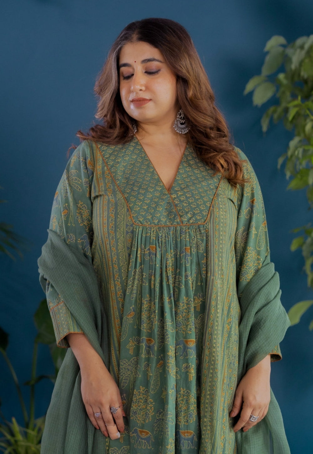 Vrinda Green Ajrakh Cotton Kali Kurta