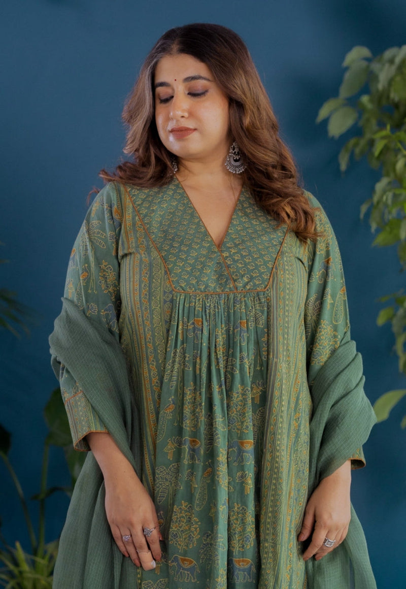 Vrinda Green Ajrakh Cotton Kali Kurta