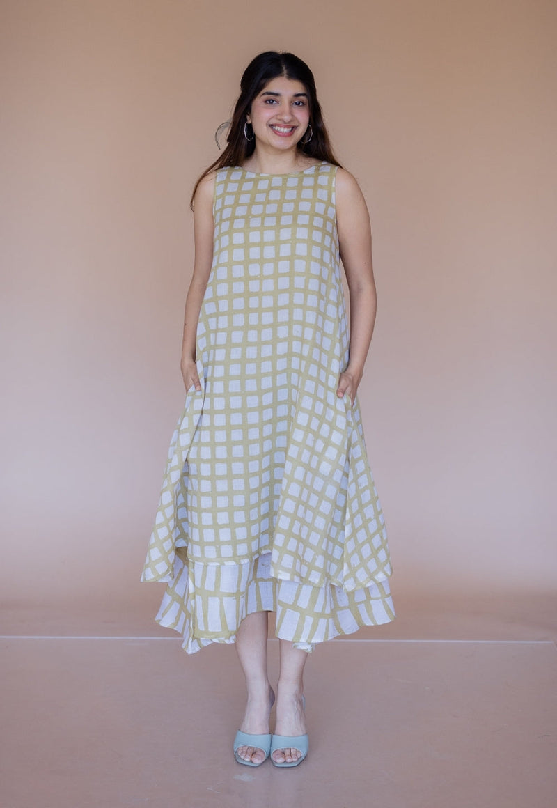Asfia Green Batik MulMul A Line Dress with Slip