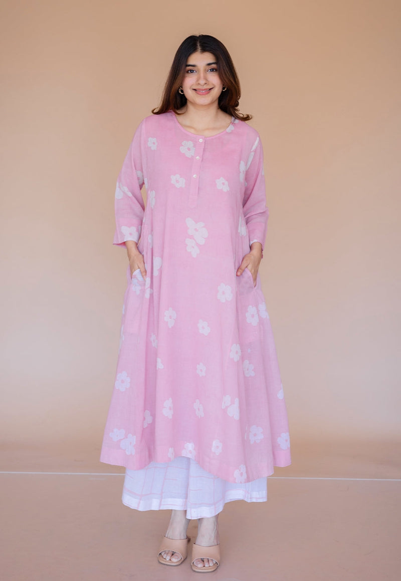 Alizah Pink Batik MulMul Jhabbha Kali Kurta with Slip