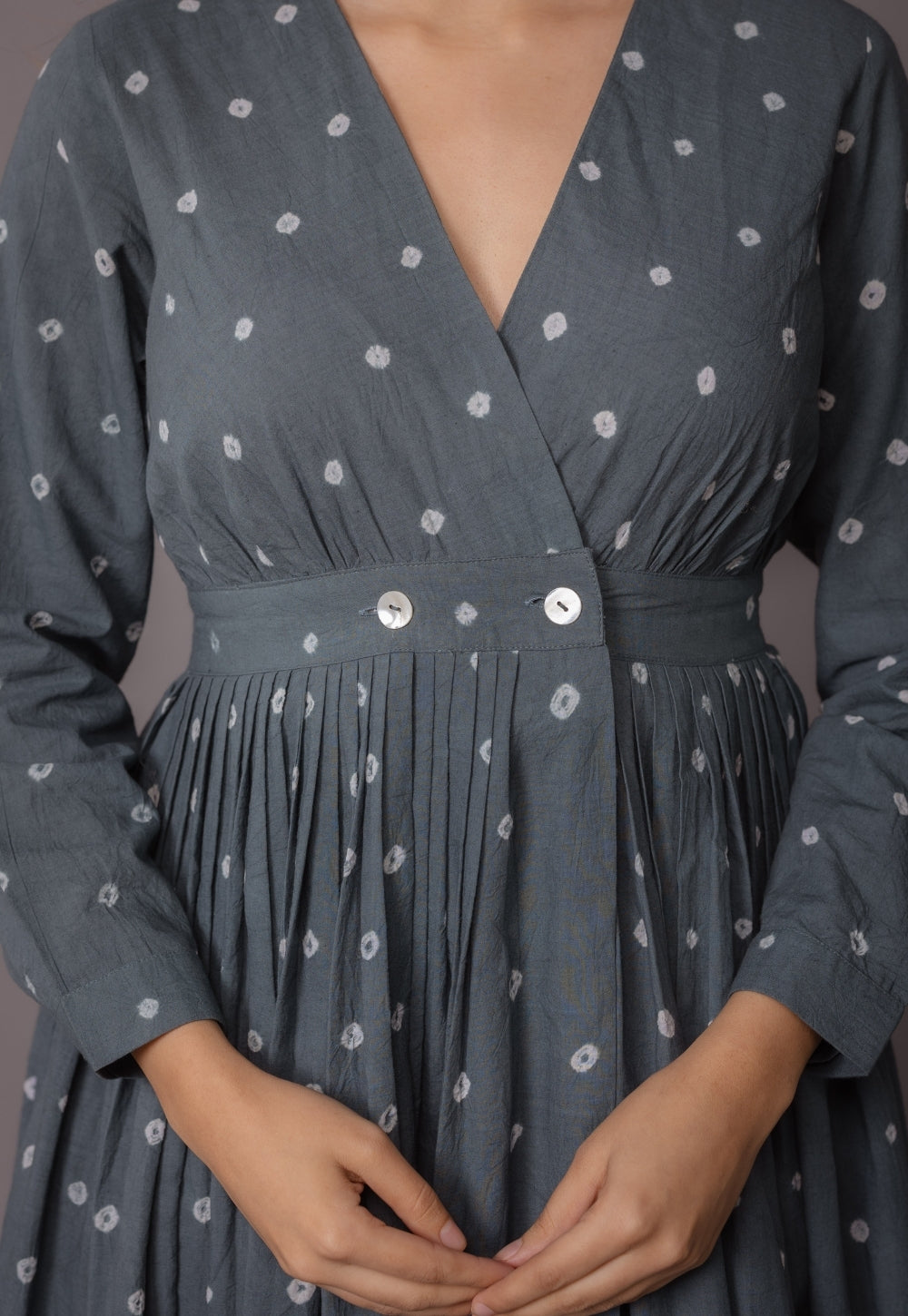 Kimaya Grey Bandhani Cotton A Line Dress