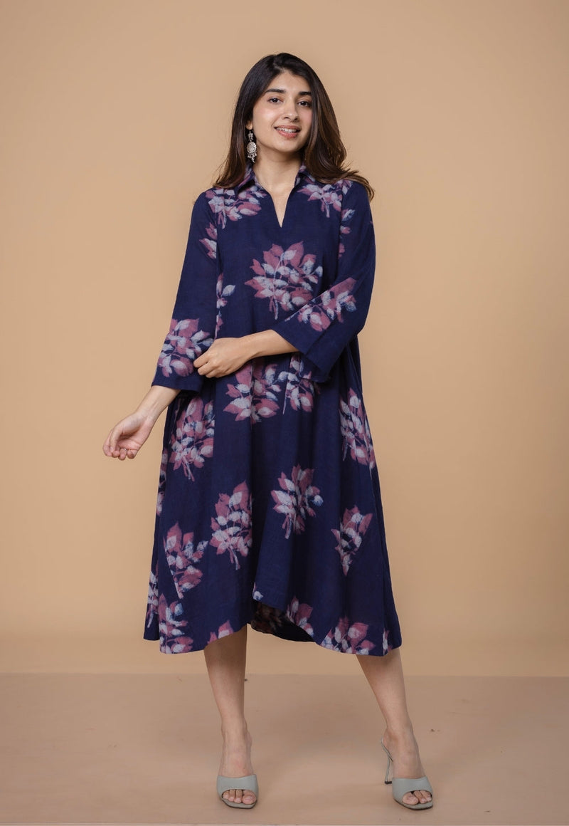 Drisha Purple Dabu Slub Cotton A Line Dress