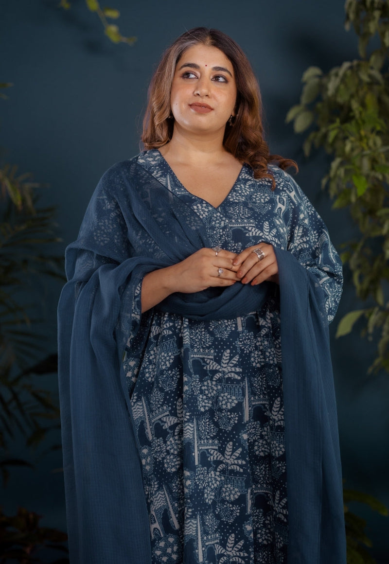 Megha Blue Ajrakh Cotton Straight Kurta