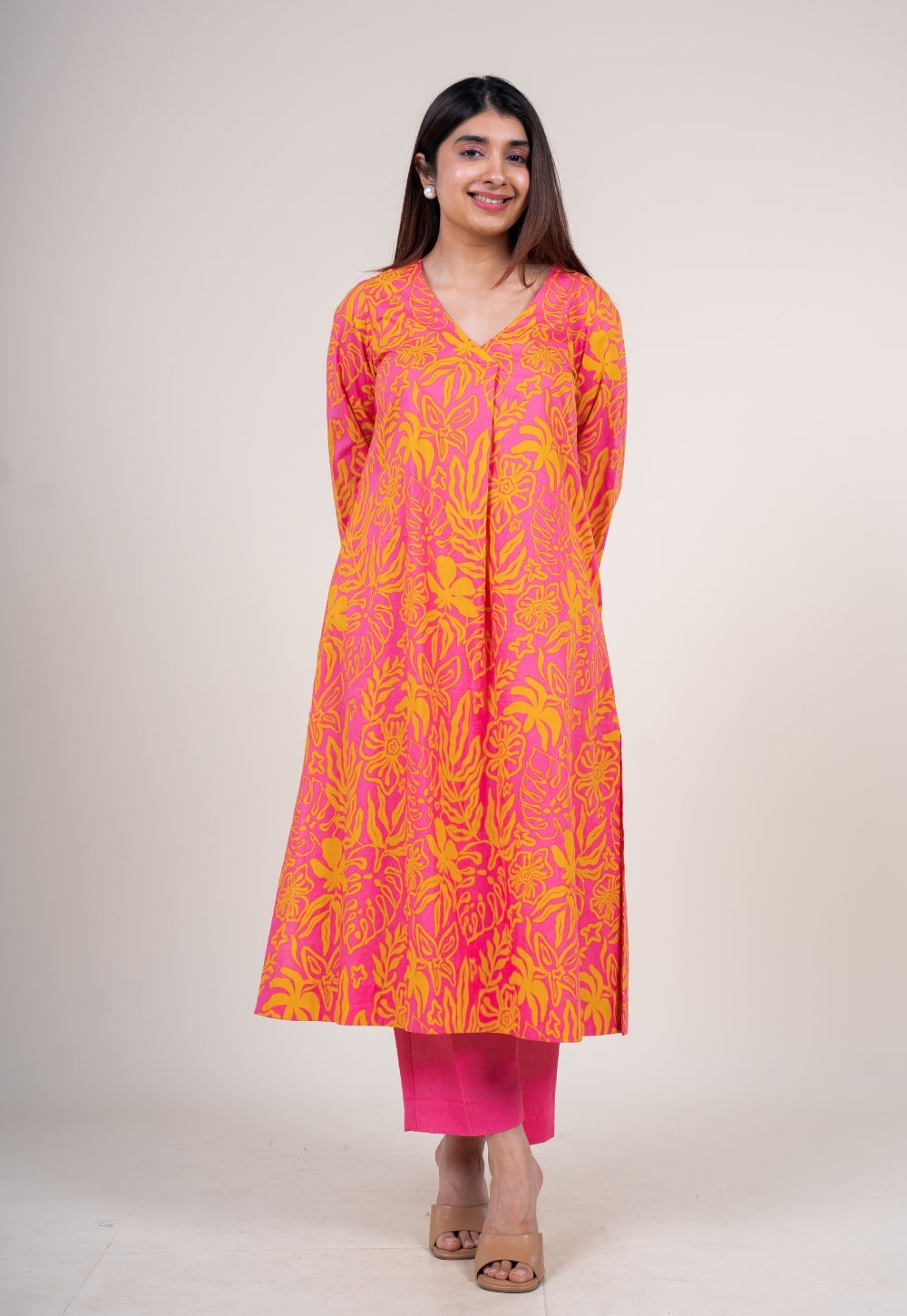 Raila Sunset Pink Printed Cotton Straight Kurta