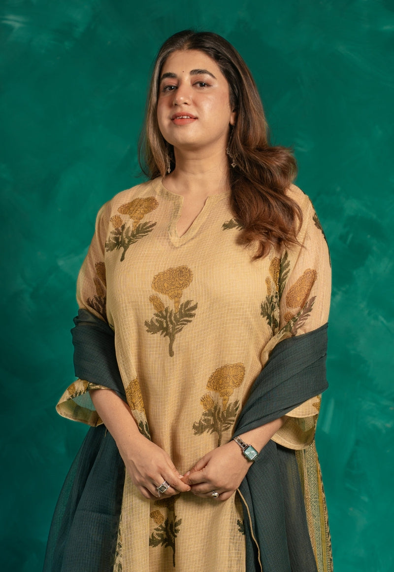 Nyra Beige Bagru Kota Doria Cotton Jhabbha Kali Kurta with Slip