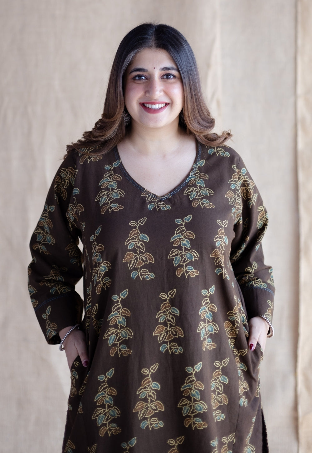 Saisha Brown Ajrakh Cotton Jhabbha Kali Kurta with Hand Embroidery