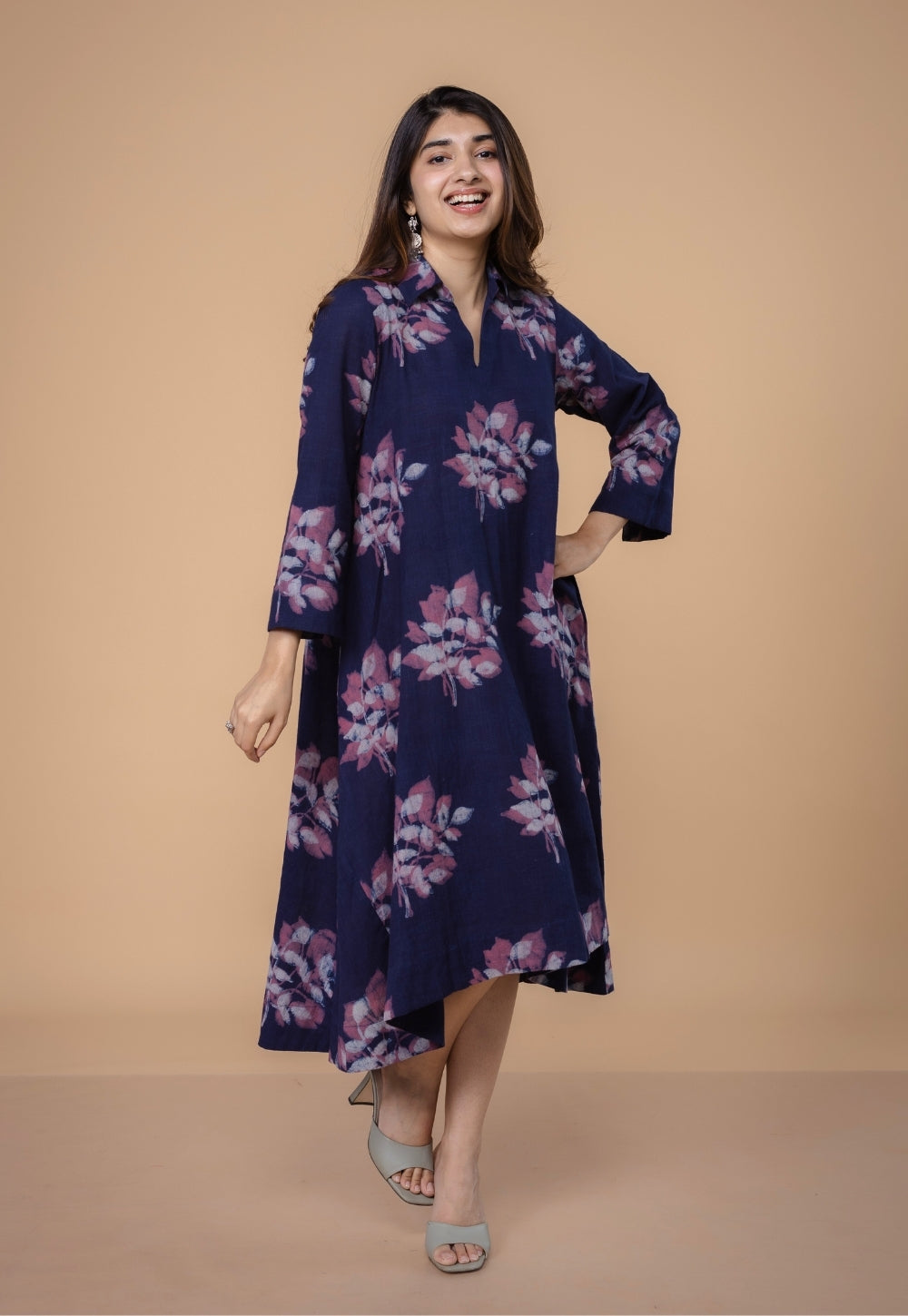 Drisha Purple Dabu Slub Cotton A Line Dress