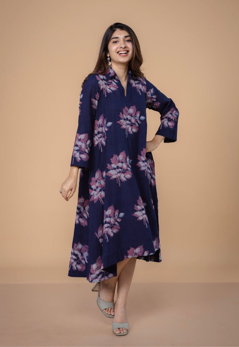Drisha Purple Dabu Slub Cotton A Line Dress
