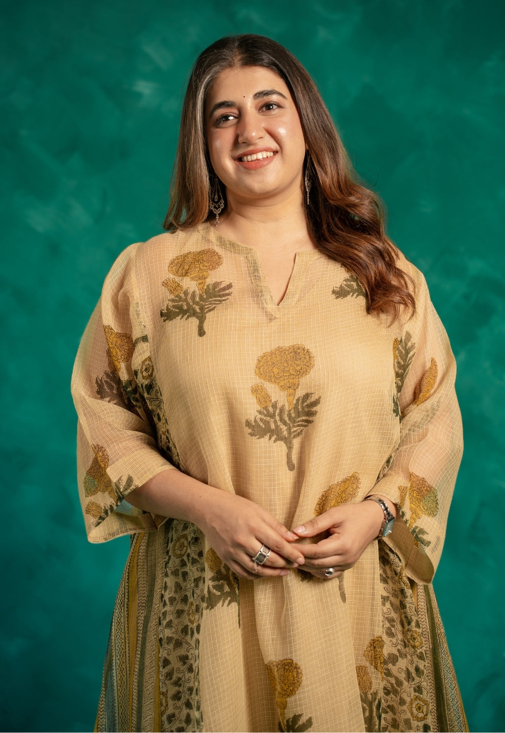 Nyra Beige Bagru Kota Doria Cotton Jhabbha Kali Kurta with Slip