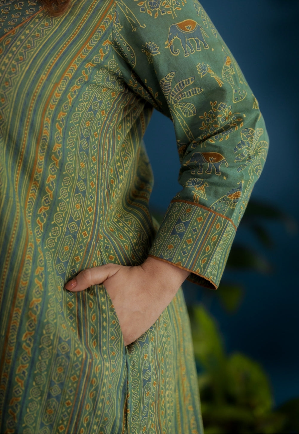 Vrinda Green Ajrakh Cotton Kali Kurta
