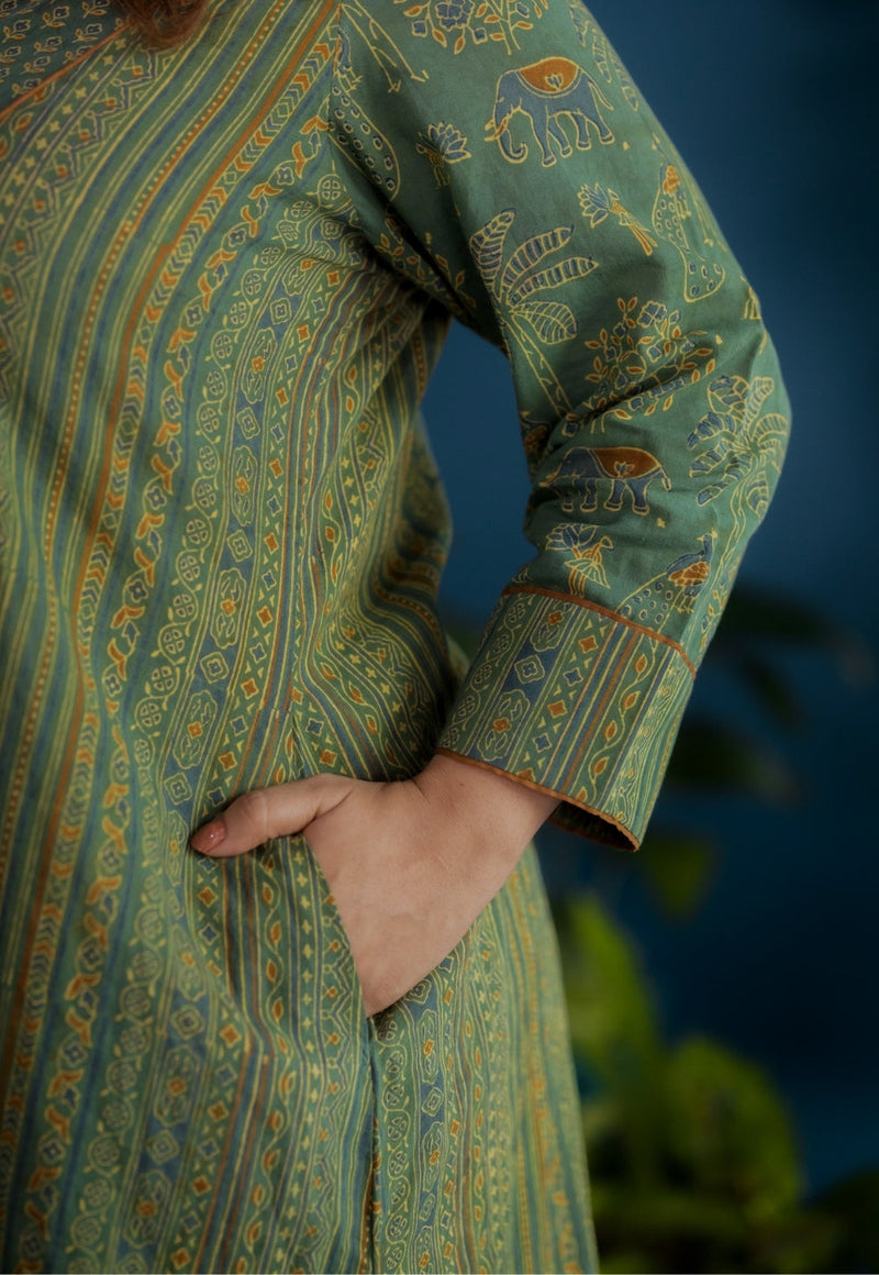 Vrinda Green Ajrakh Cotton Kali Kurta