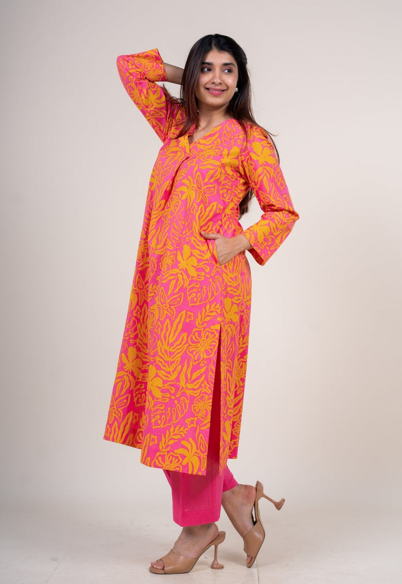 Raila Sunset Pink Printed Cotton Straight Kurta