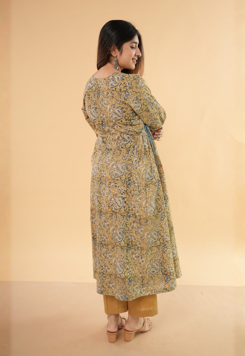 Gazala Yellow Kalamkari Cotton Kali Kurta
