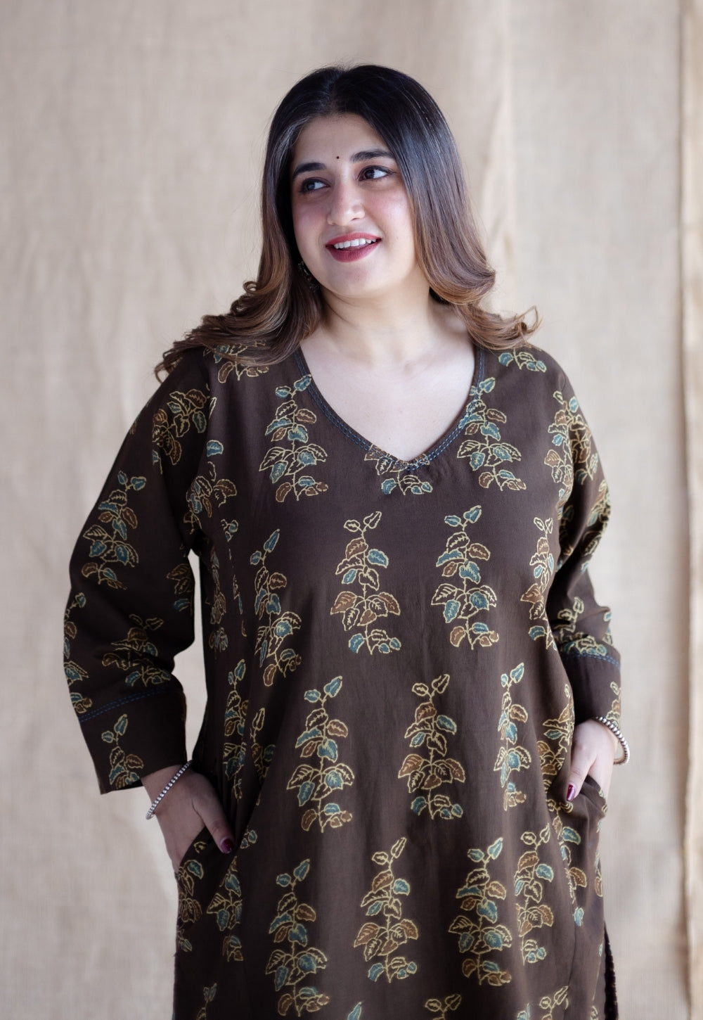 Saisha Brown Ajrakh Cotton Jhabbha Kali Kurta with Hand Embroidery