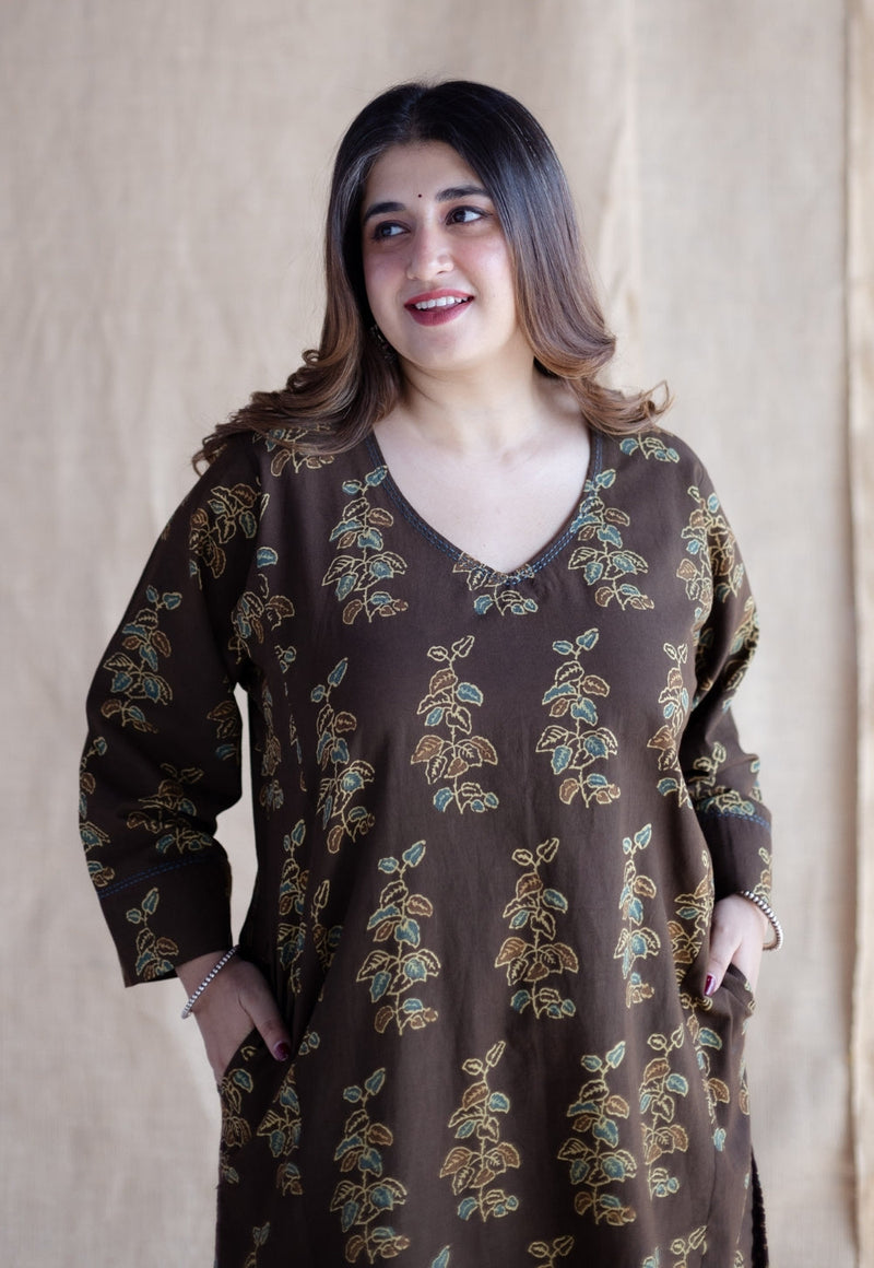 Saisha Brown Ajrakh Cotton Jhabbha Kali Kurta with Hand Embroidery