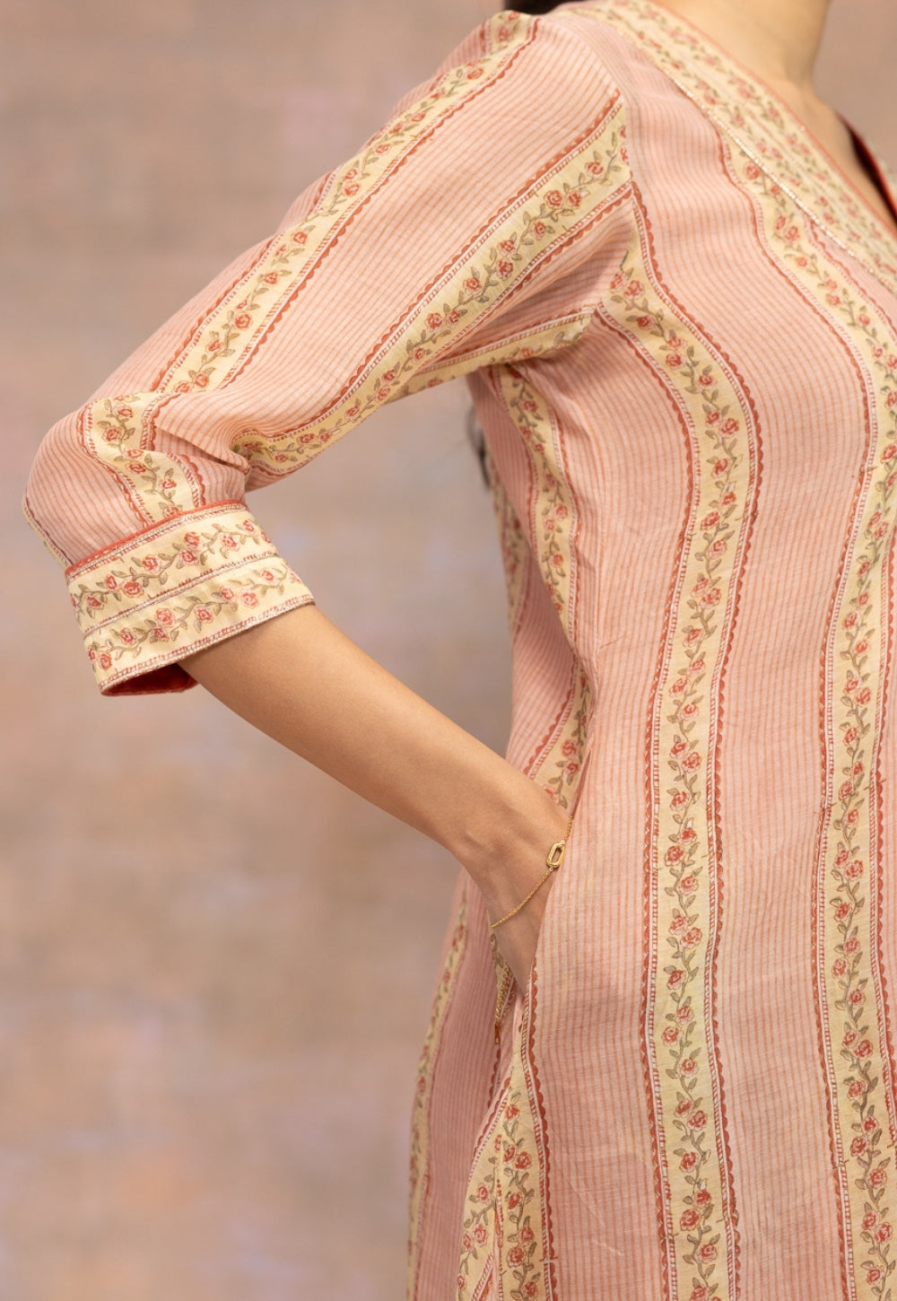 Rozhira Pink Sanganeri Chanderi Silk A Line Kurta with Lace Detailing