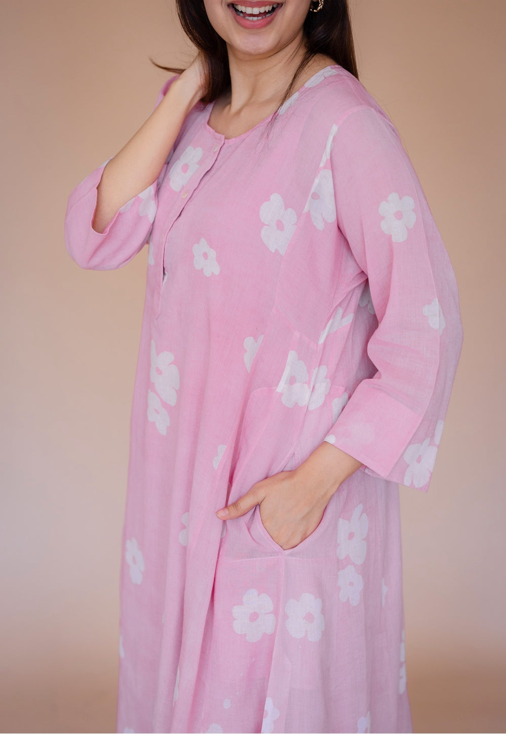 Alizah Pink Batik MulMul Jhabbha Kali Kurta with Slip