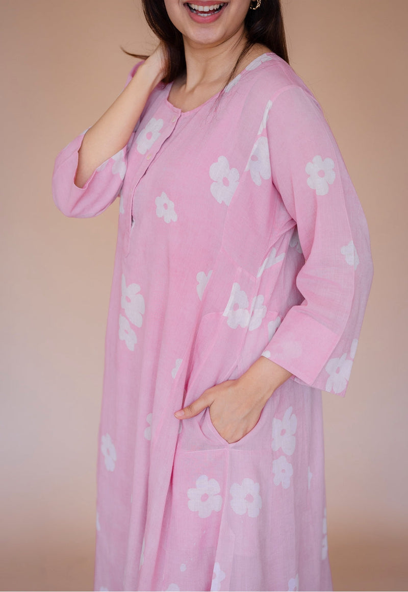 Alizah Pink Batik MulMul Jhabbha Kali Kurta with Slip