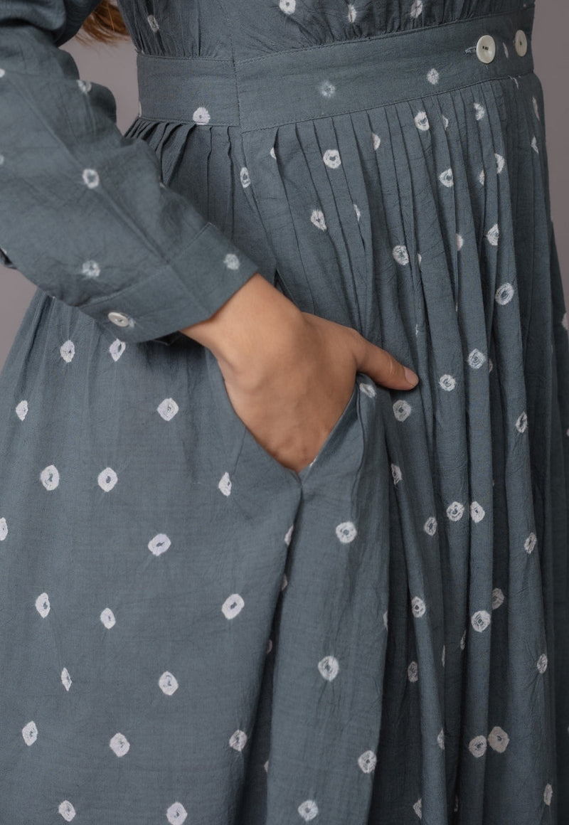 Kimaya Grey Bandhani Cotton A Line Dress