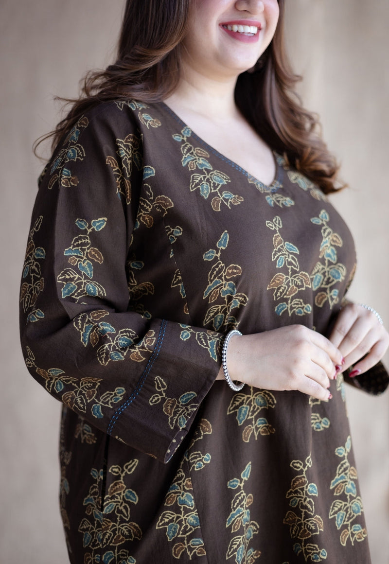 Saisha Brown Ajrakh Cotton Jhabbha Kali Kurta with Hand Embroidery