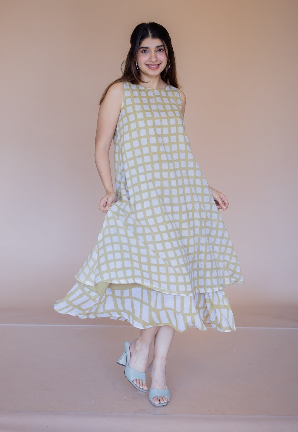 Asfia Green Batik MulMul A Line Dress with Slip