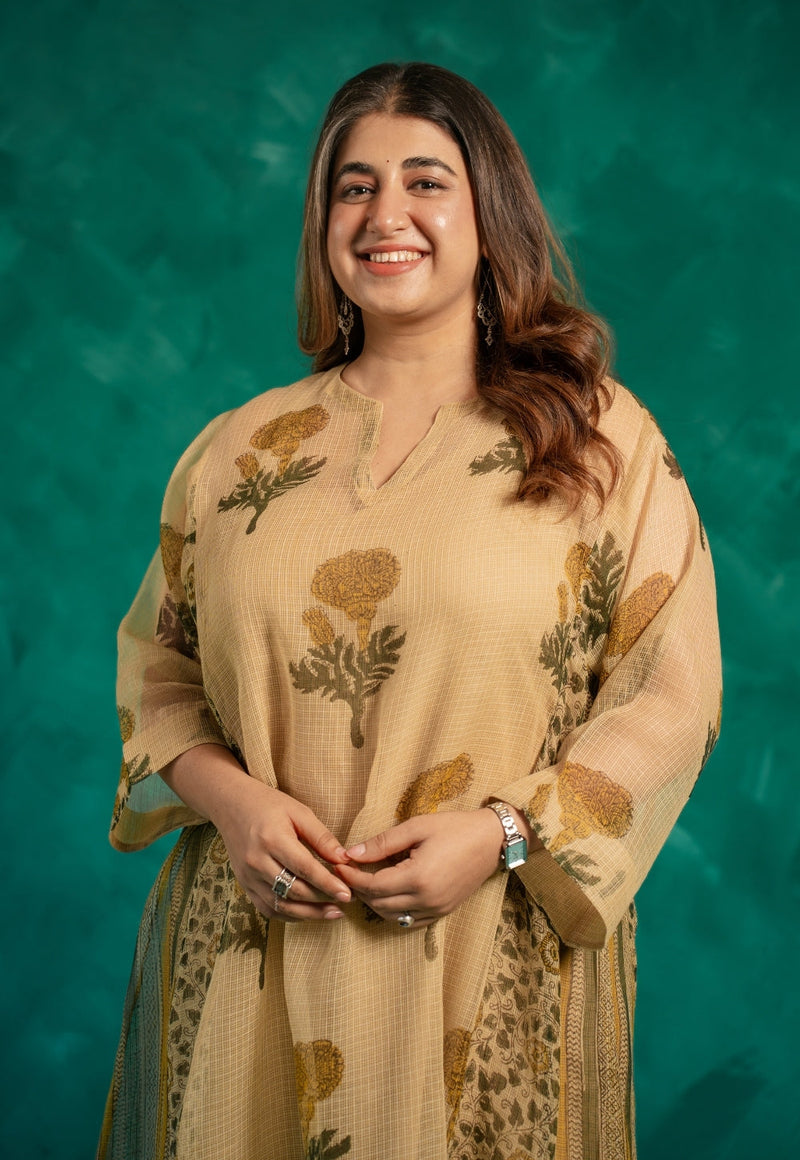 Nyra Beige Bagru Kota Doria Cotton Jhabbha Kali Kurta with Slip