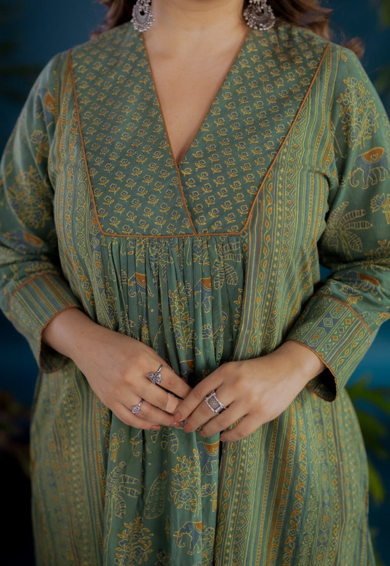 Vrinda Green Ajrakh Cotton Kali Kurta