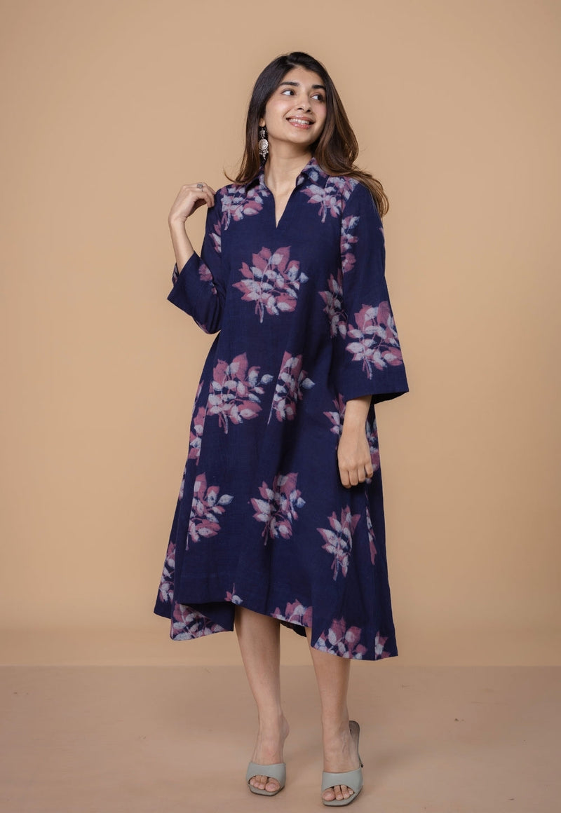 Drisha Purple Dabu Slub Cotton A Line Dress