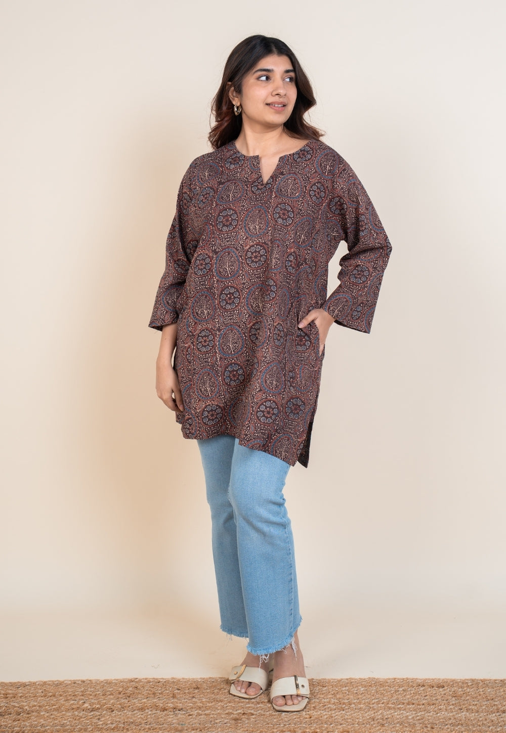 Aayra Red Ajrakh Cotton A Line Short Top