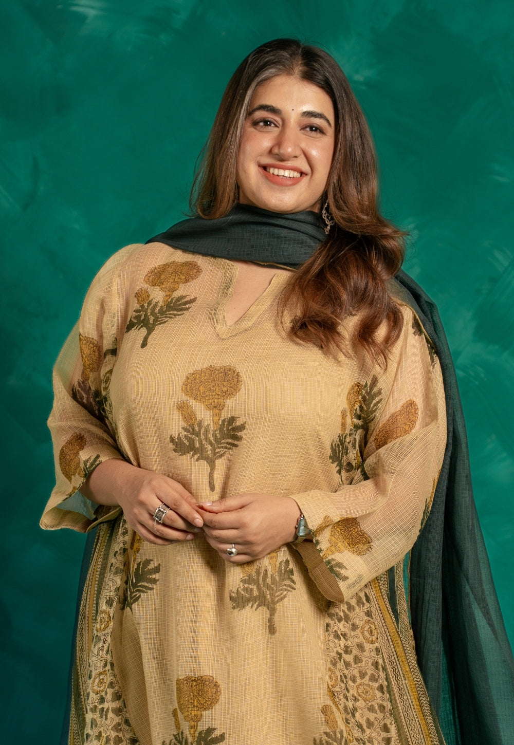 Nyra Beige Bagru Kota Doria Cotton Jhabbha Kali Kurta with Slip