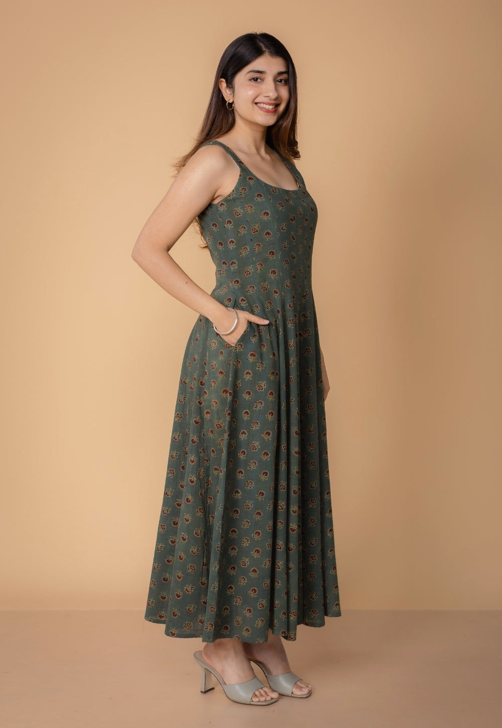 Jisha Green Dabu Slub Cotton A Line Dress