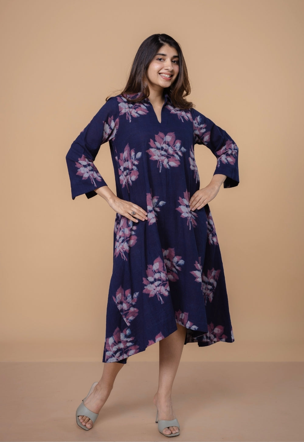 Drisha Purple Dabu Slub Cotton A Line Dress