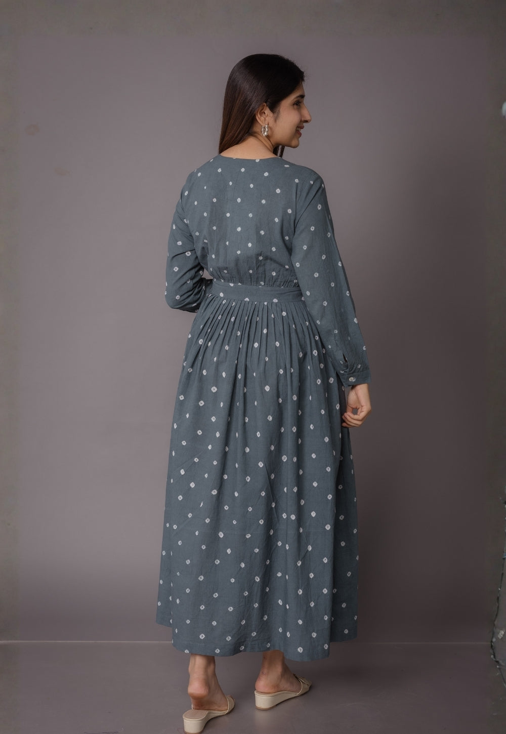 Kimaya Grey Bandhani Cotton A Line Dress