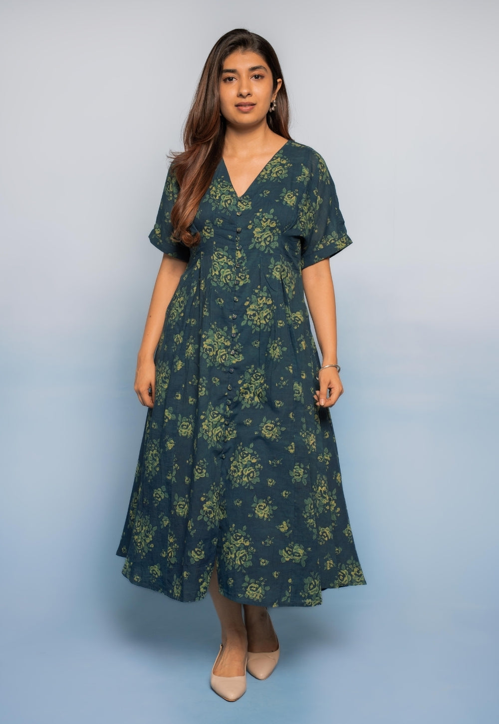 Reema Teal Blue Dabu Mul Cotton A Line Dress