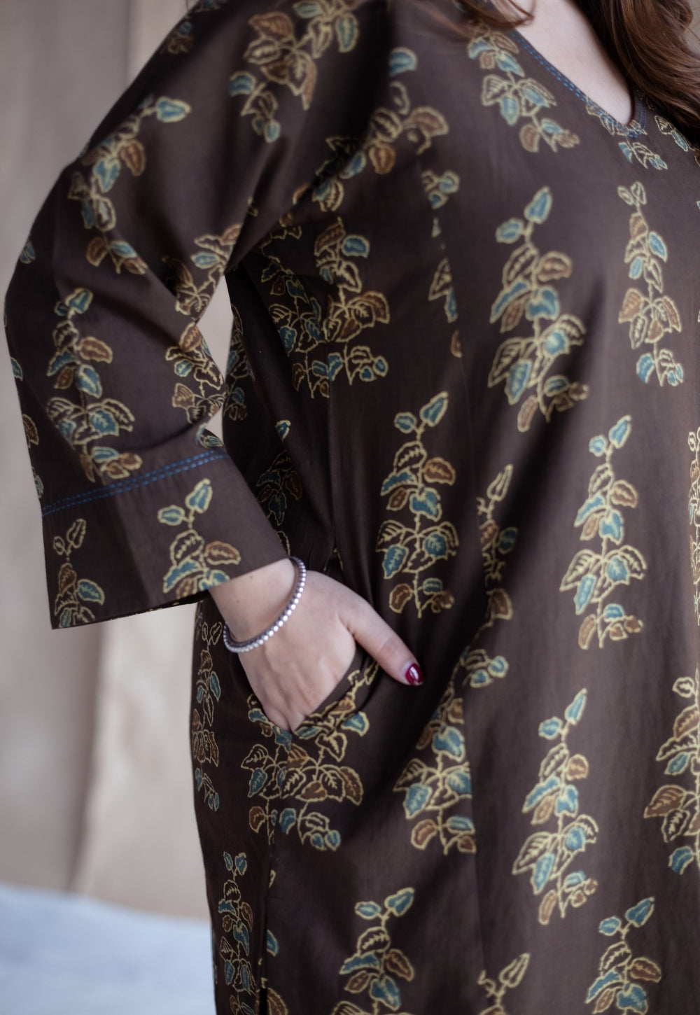 Saisha Brown Ajrakh Cotton Jhabbha Kali Kurta with Hand Embroidery
